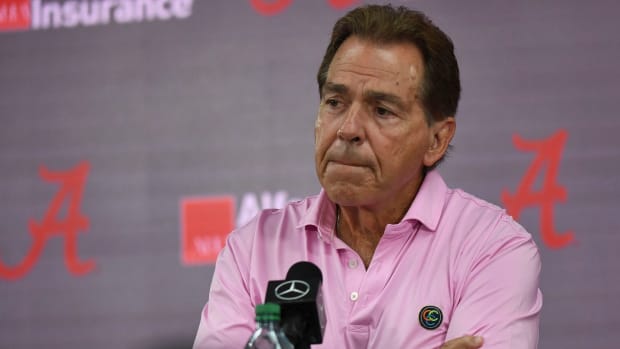 Alabama coach Nick Saban speaks to reporters during a press conference.